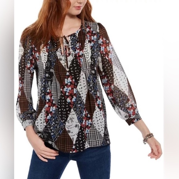 Tommy Hilfiger Patchwork Floral Print Top Women’s Size Small Preppy Office Wear - Picture 2 of 9